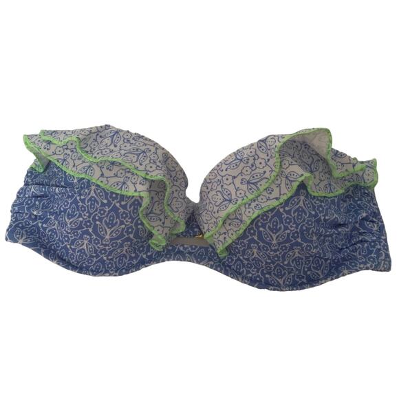 Victoria's Secret Women's Strapless Ruffle Bandeau Bikini Top Blue White SZ 34C - Picture 1 of 9